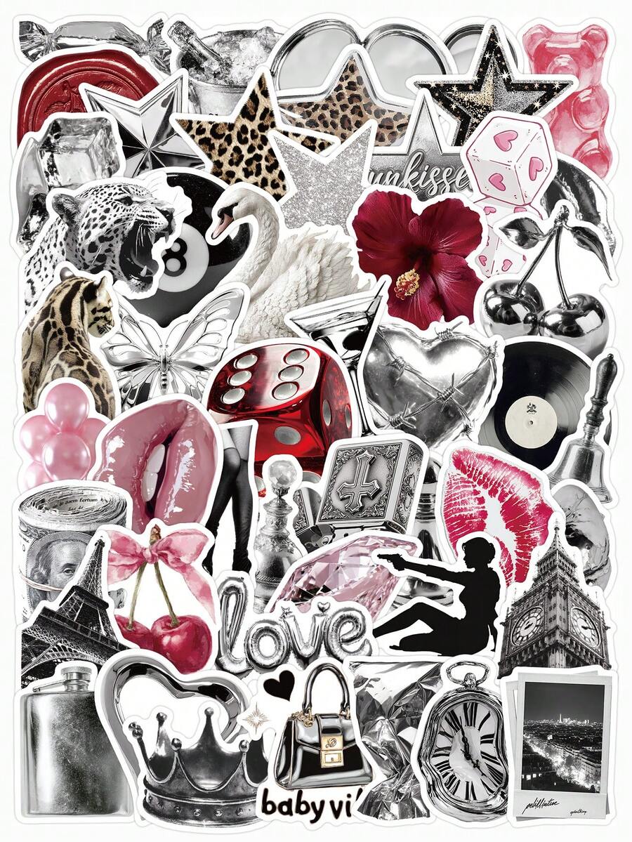 51pcs Y2K Millennium Style Sticker Set, Vintage Collage + Metallic Texture Design, Suitable For Planner Collage, Notebook, Phone Case, Laptop, Tablet Decoration, Scrapbook Supplies, Desktop Accessories, Party Supplies