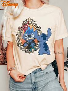 Disney Lilo & Stitch Monster Mirror Frame Funny Cartoon 100% Cotton Crew Neck Short Sleeve Vintage Graphic Tee For Women Casual Daily Outfit Tops - 杏色 - 查看 1