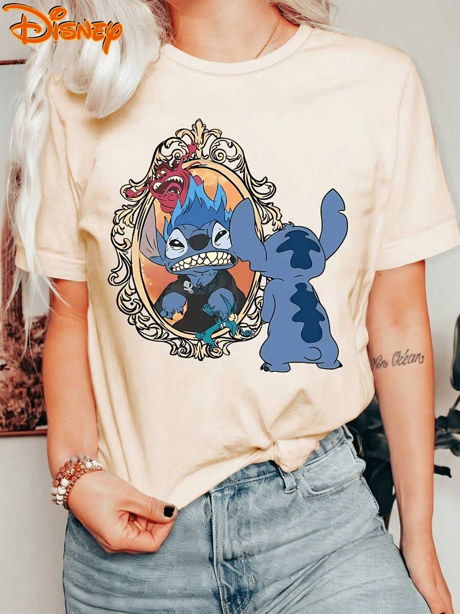 Disney Lilo & Stitch Monster Mirror Frame Funny Cartoon 100% Cotton Crew Neck Short Sleeve Vintage Graphic Tee For Women Casual Daily Outfit Tops - 杏色 - 查看 1