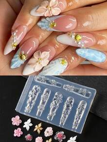 1個迷人春季花卉矽膠美甲模具 夏季優雅雕花軟膠美甲模 浮雕印花板 DIY 模板美甲工具 - 無色 - 查看 4
