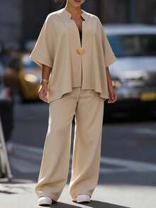 Elegaris 2pcs Plus Size Casual Set, Including Loose V-Neck Cardigan Top And Wide Leg Pants, Suitable For Holidays, Parties, Dinners, Valentine's Day, New Year And Other Occasions, Elegant And Graceful Summer - Apricot - View 1