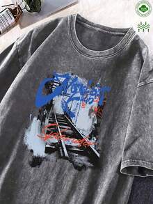 Women's Vintage Washed T-Shirt 100% Cotton 2025 - Casual Crew Neck Loose Fit T-Shirt With Purple And Blue Artistic Print, Machine Washable, Everyday Top | Vintage Style T-Shirt | Soft Fabric - 灰色 - 查看 1