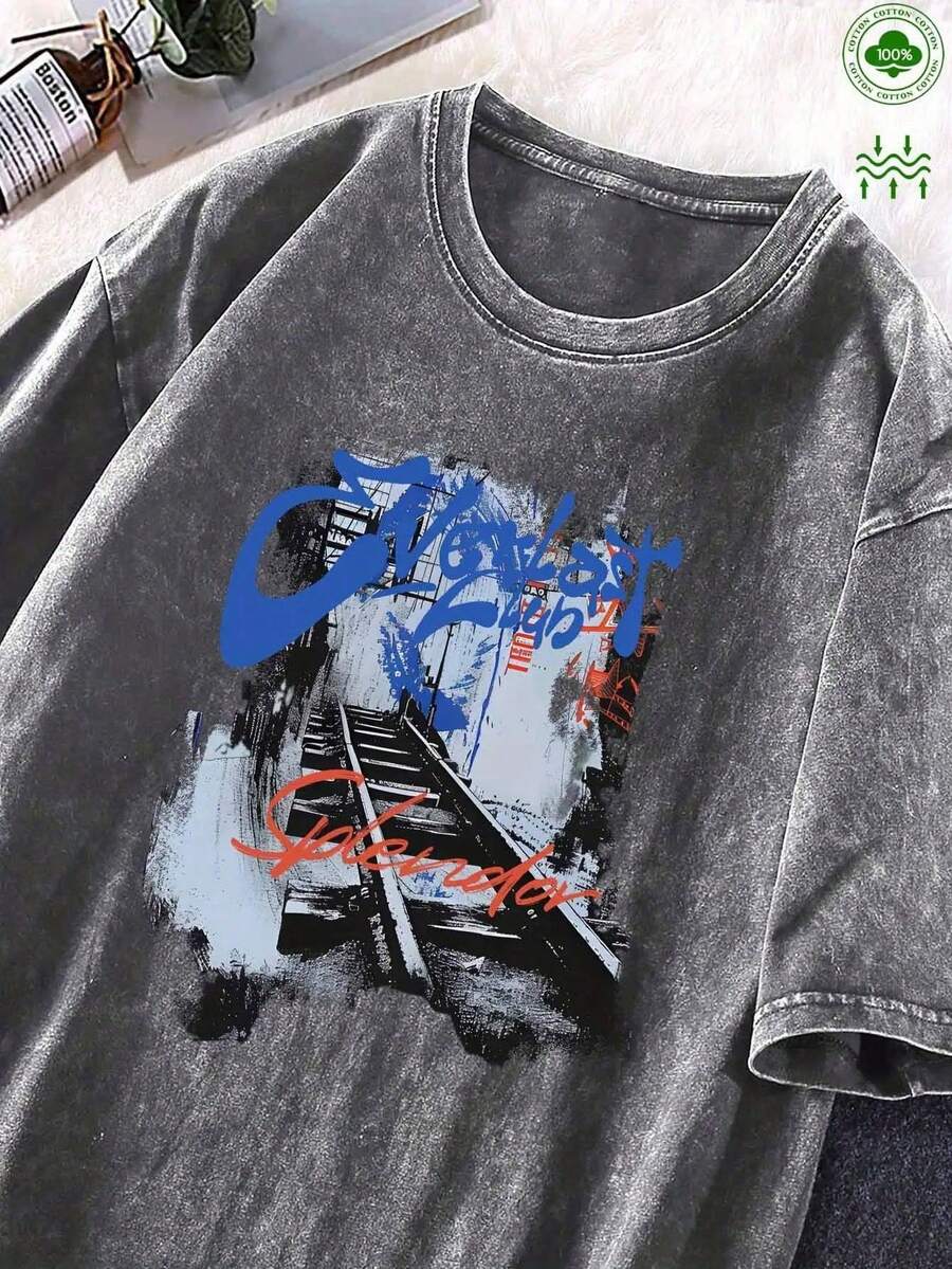 Women's Vintage Washed T-Shirt 100% Cotton 2025 - Casual Crew Neck Loose Fit T-Shirt With Purple And Blue Artistic Print, Machine Washable, Everyday Top | Vintage Style T-Shirt | Soft Fabric - 灰色 - 查看 1