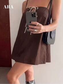 ARA CHIC Women's Deep Brown Spaghetti Strap Contrast Tie Waist Short Dress, Elegant Backless Slip Dress, Spring/Summer New Arrival - Brown - View 2