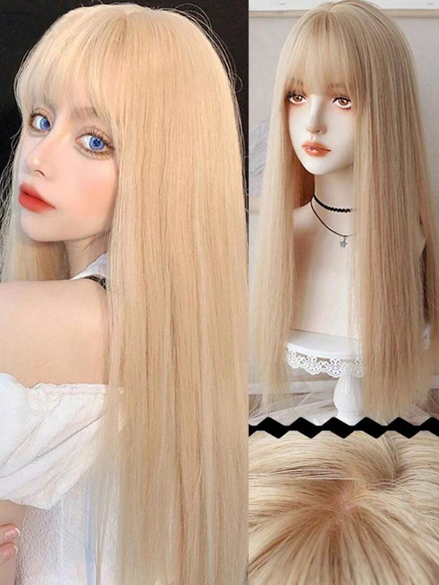 Wig Sintetis Panjang Lurus Warna Pink Keemasan dengan Poni untuk Wanita, Serat Tahan Panas, Cocok untuk Penggunaan Sehari-hari/Cosplay/Pesta/Lolita - MultiWarna - View 1
