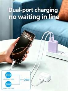 KFLY 淡紫色 20W 雙孔快充充電器，PD+QC 雙協定，USB-C+USB-A，可折疊插頭，便攜省空間牆充 - 查看 3