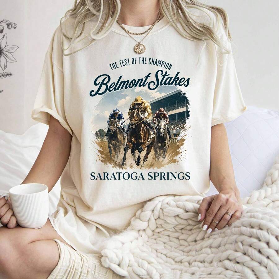 _Belmont Stakes T-Shirt Saratoga Springs Horse Racing Shirt The Test Of The Champion Tee Equestrian Vintage Style GiftHor - 白色 - 查看 1