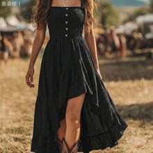 jianchaimaoyi02  Holidaya Vestido de mujer de longitud media con cintura ceñida, estilo bohemio casual para vacaciones, con parte delantera corta y parte trasera larga - Rosa - Ver 2