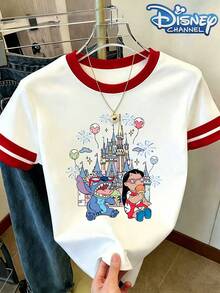 Women's Lilo & Stitch  Castle Print Summer Tops, Red Trim Color Block Short Sleeve Blouse, Casual Crew Neck Cartoon Graphic T-Shirt With - 白色 - 查看 1