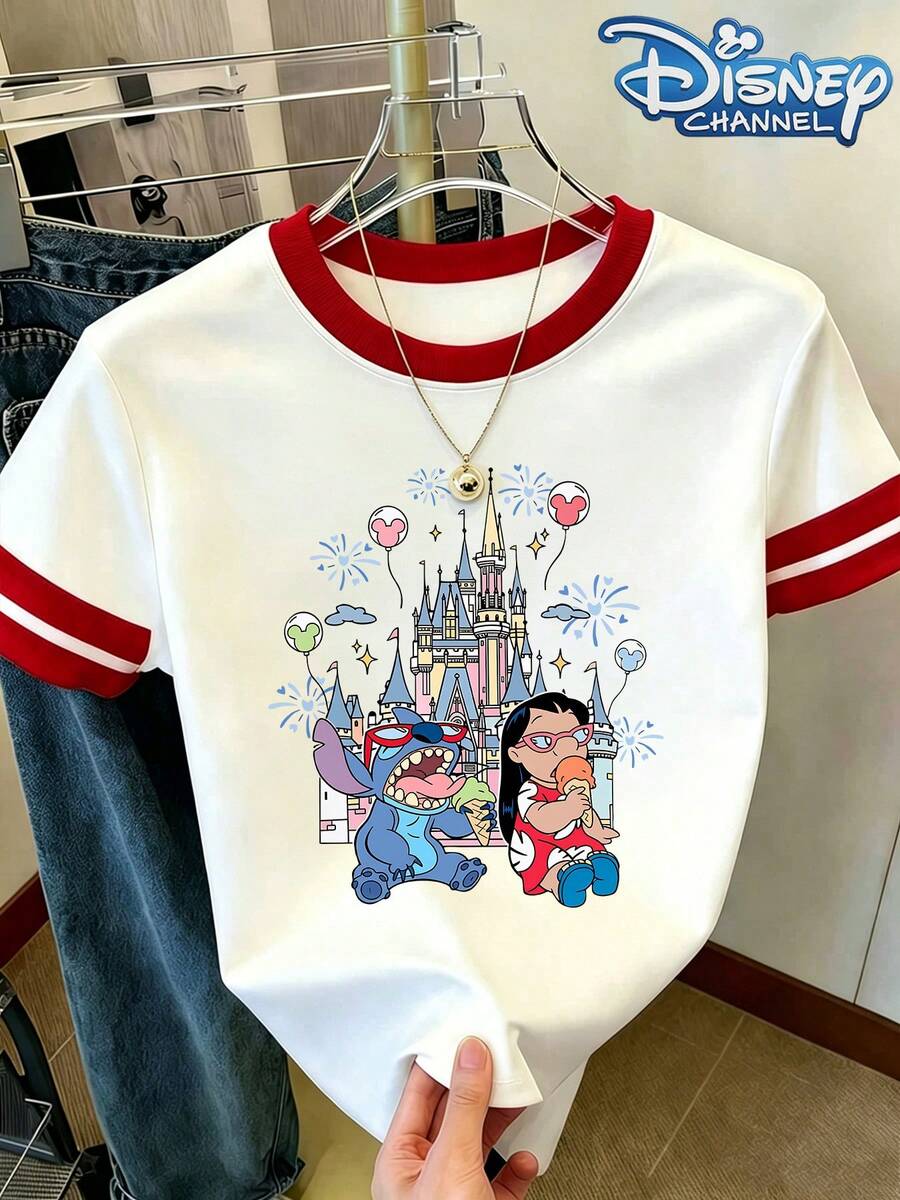 Women's Lilo & Stitch Castle Print Summer Tops, Red Trim Color Block Short Sleeve Blouse, Casual Crew Neck Cartoon Graphic T-Shirt With - 白色 - 查看 1