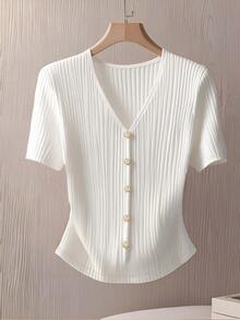 Camiseta de manga corta con botones delanteros de unicolor elegante para uso diario, verano - Blanco - Ver 1