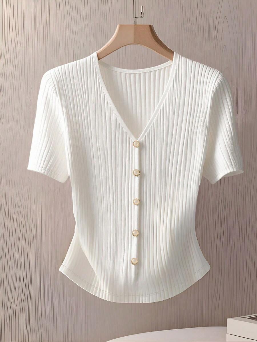 Camiseta de manga corta con botones delanteros de unicolor elegante para uso diario, verano - Blanco - Ver 1
