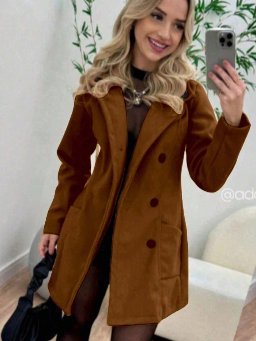 Women's Overcoat, Wool, Buttoned, Winter - Óxido marrón - Ver 1