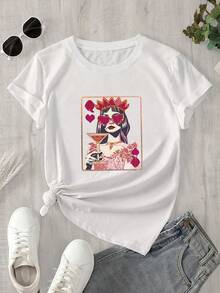Camiseta de manga corta y cuello redondo para mujer con la ilustración de una mujer sosteniendo una copa de martini, apta para todas las estaciones. - Blanco - Ver 1