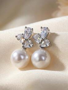 1pair Stud Earrings Women Wedding Party Valentine's Day Minimalist Faux Pearl Rhinestone Elegant Silver - Multicolor - View 6