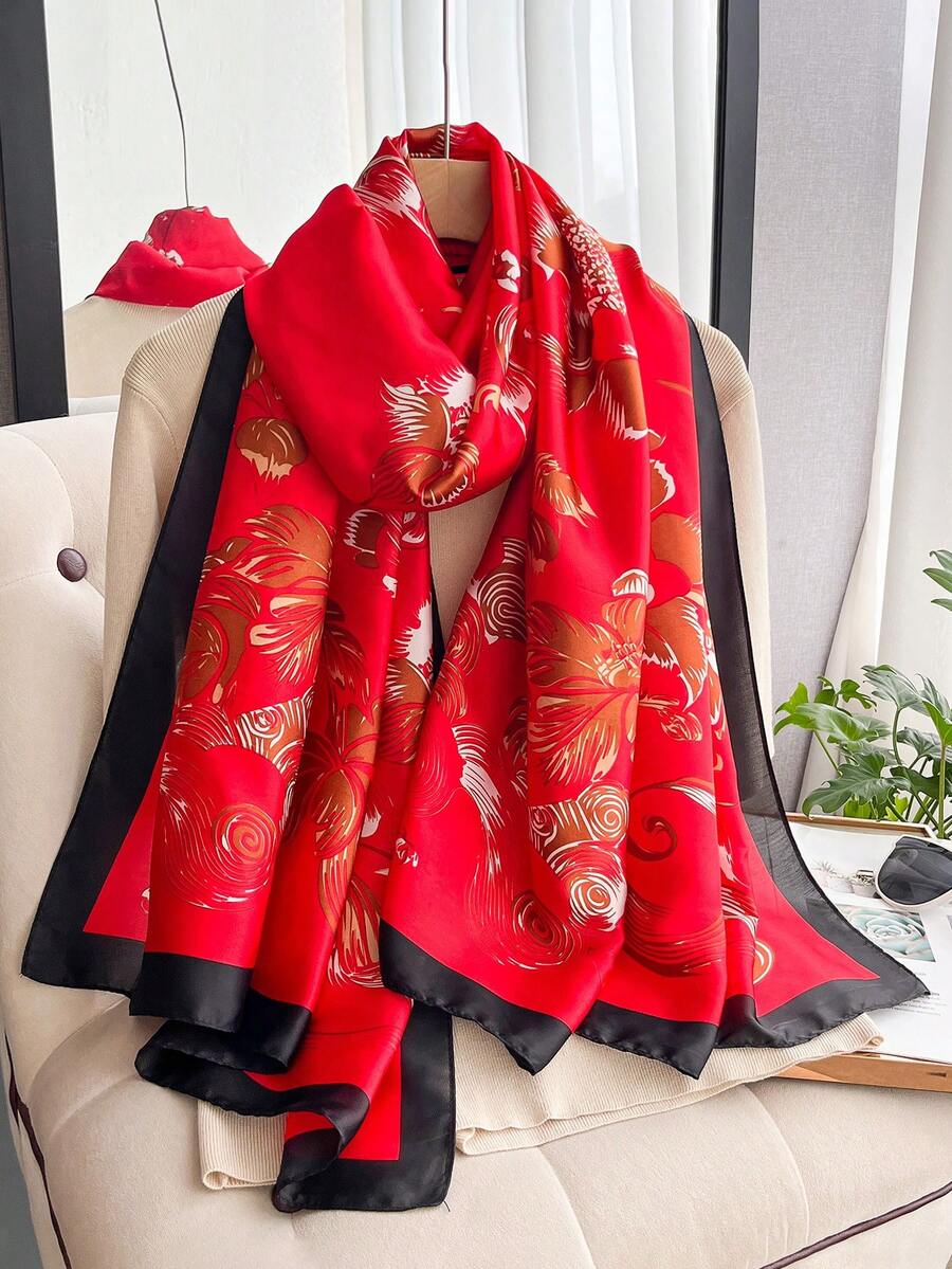 1件女款仿絲花卉印花春/秋季時尚百搭披肩旅行圍巾日常裝飾 - 紅色 - 查看 1