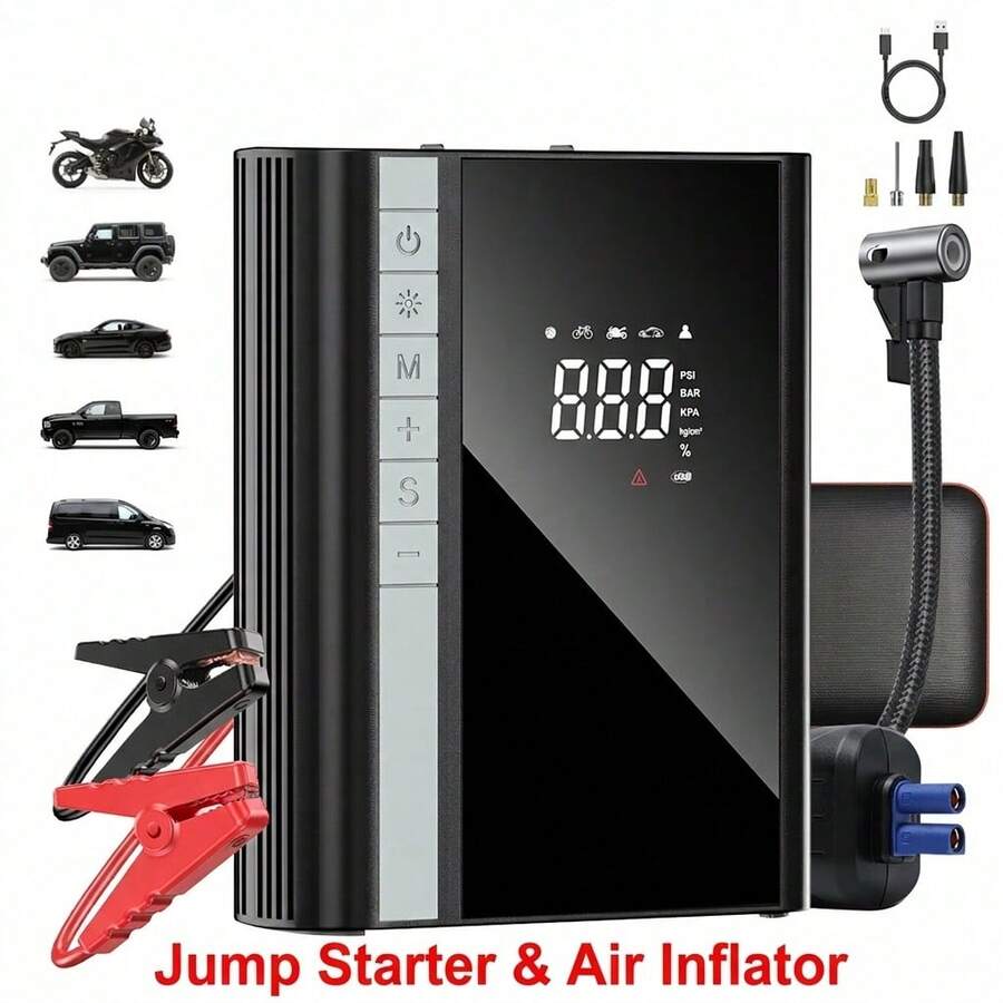 Carsun Portable Car Jump Starter And Air Compressor, 4-In-1 Air Pump With Rear Storage Box, 150PSI 22 Cylinder, Fast Inflation, 10000mAh, Wireless Digital Display Version, With Car Emergency Jump Starter Power, Equipped With LED Light, Suitable For RVs, Off-Road Vehicles, Trucks, Etc.