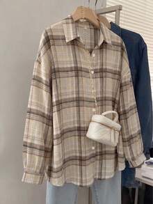 YUXIN Women's Retro Checkered Shirt, Long Sleeved Button Down Jacket, Loose Fit Layered Piece For Daily Camping And Commuting Wear - Apricot - View 9
