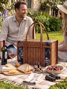 1pc Navy Floral Woven Picnic Basket, Vintage Pastoral Style Faux Rattan Square Storage Basket With Reinforced Handles And Large Capacity Design, Waterproof Lining For Thermal Insulation, Rectangular Woven Storage Box, Suitable For Picnic, Food & Snack Storage, Fruit Storage, Kitchen Organization, Home Decor, Gift Packaging - Multicolor - View 5
