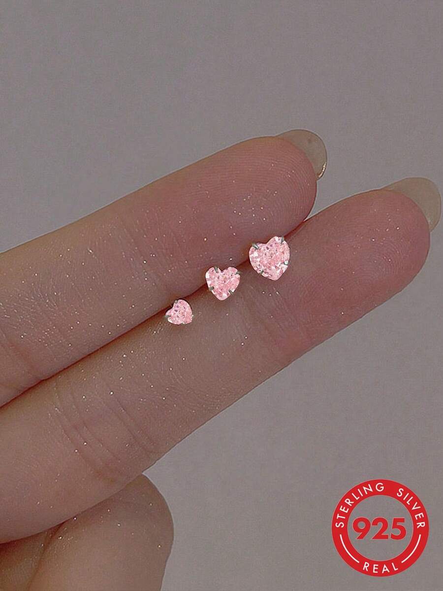 Bộ 3 bông tai hình trái tim dễ thương bằng bạc 925, dành cho nữ, mạ vàng 18K, thích hợp cho tiệc tùng, ngày Valentine và các dịp khác, trang sức tinh tế, quà tặng ngày Valentine. - Bạc - Xem 1