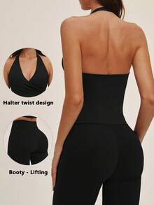 TimeOff Women's One Set Halter Neck V-Neck Criss-Cross Wrap Design Backless Tank Top Tummy Control Butt Lifting Mid-Length Shorts Sports Set - Black - View 11