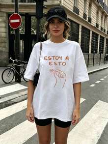 2026tops Plus Size Women's Casual Summer T-Shirt With White Letter Print - White - View 1