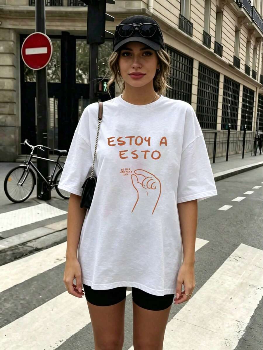 2026tops Plus Size Women's Casual Summer T-Shirt With White Letter Print - White - View 1