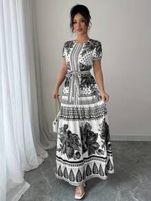 Vestido de Moda Oriental con Estampado Floral y Cinturón Ajustable para Mujer, Escote Redondo - Negro - Ver 4