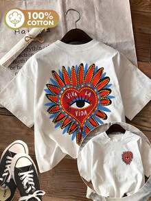 [Double Side Print] Women's Bohemian Style "Heart Eyes Petals Viva" Print Casual Summer Top, Round Neck, Pure Cotton, Short Sleeve, Loose Fit Retro T-Shirt. - 白色 - 查看 1