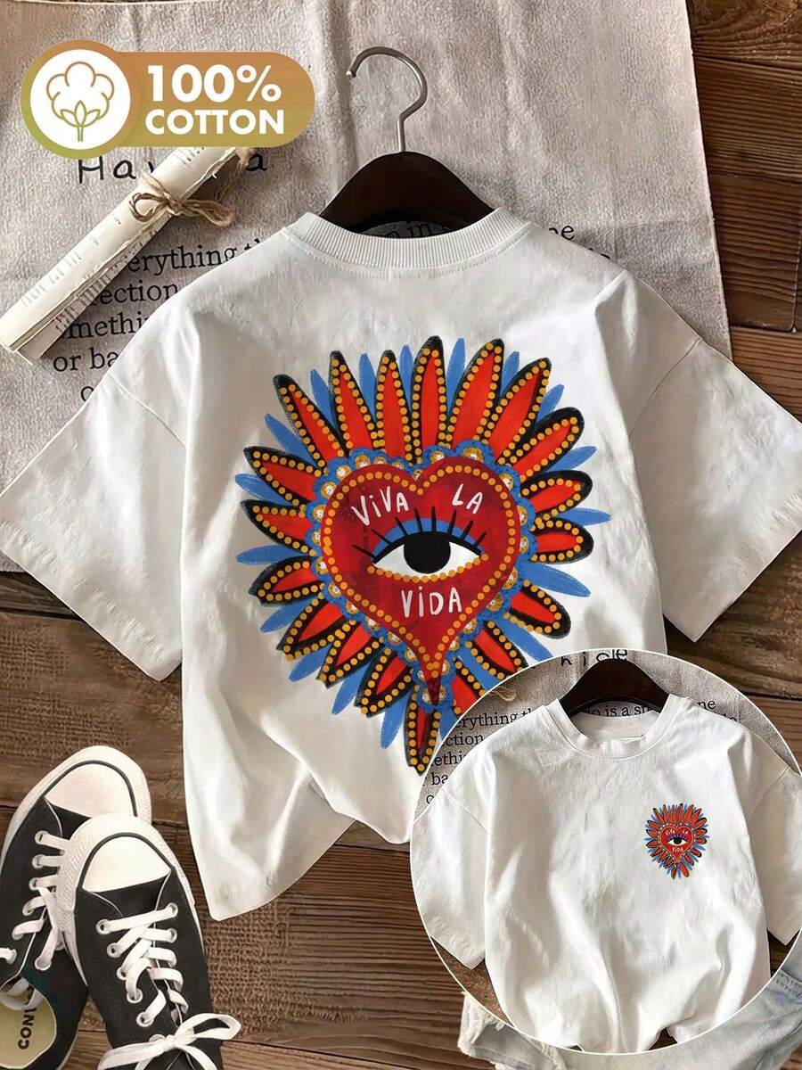 [Double Side Print] Women's Bohemian Style "Heart Eyes Petals Viva" Print Casual Summer Top, Round Neck, Pure Cotton, Short Sleeve, Loose Fit Retro T-Shirt. - 白色 - 查看 1