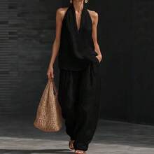 Women's Halter V-Neck Sleeveless 2-Piece Set, Solid Wide Leg Pants, Casual Lounge Co-Ord Outfit For Summer Vacation - 酒紅色 - 查看 9