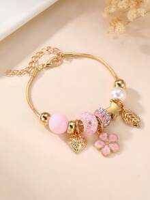 NAIZHU 1/3pcs Fashionable Gold-Tone Luxury Vintage Cherry Blossom & Ocean Pendant Bracelet, Teen Daily Party Accessory Gift - Multicolor - View 3