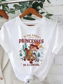 Disney Loose Fitting "Toy Story" Trish "Be A Cowgirl" Western Style Printed T-Shirt, Suitable For Summer And Spring, Short Sleeved Tops, Women's Clothing, Holiday Gift Party Clothing. Unisex, Couple Shirts, Excellent Gifts. Unisex, Couple Shirts, Excellent Gifts. - White - View 1