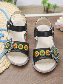 1 par de sandalias planas casuales de verano para niña bebé, para salir y escuela, con punta abierta, suela blanda, cierre de gancho y bucle, diseño de girasol con lindos strass, cómodas - Negro - Ver 6