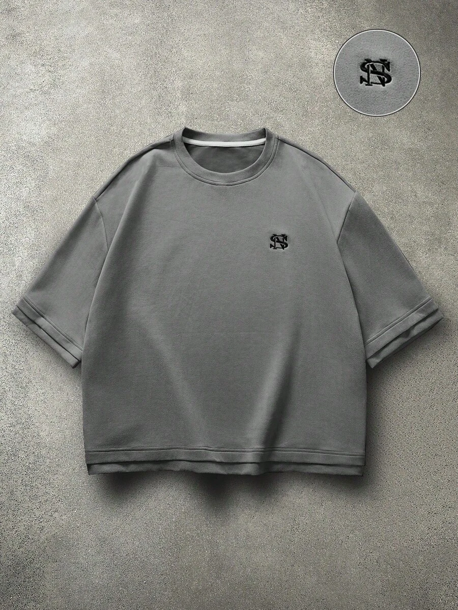 Men's Short Sleeve Crew Neck T-Shirt With Minimalist Print, Olive Green Graphic Tee, Oversized Printed Crop Top For Men, Unisex Washed T-Shirt. Y2K Style, Fashionable Style, Cute Style, Casual Style, Women's Blouses > Clothing. 230g (Sizes S-XXXL) - 灰色 2 - 查看 1