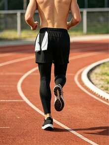 3pcs/Set Men's Black 2 In 1 Sports Pants With Zipper Pockets, Reflective Strips, Drawstring Waist, Fitness Running Training Pants - Multicolor - View 5