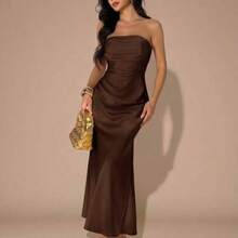 YijiaNvz  PETITE Vestido ajustado sin tirantes de unicolor amarillo crema con pliegues y espalda descubierta, adecuado para fiestas, cócteles, ocasiones formales, dama de honor, cumpleaños, vestido largo de satén amarillo, Navidad, banquetes, casual de negocios, vestidos de fiesta para mujeres, vestido de fiesta de Navidad - Marrón - Ver 1