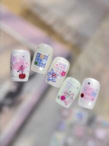 1pc 5D Preppy Style Nail Stickers, Plaid And Button Nail Art Stickers, Self-Adhesive DIY Nail Decoration Accessories, Summer Minimalist Nail Decals, Suitable For Back To School, Casual And Daily Wear, Premium Nail Supplies For Women - Multicolor - View 11