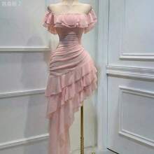 xuehuamaoyi02  Vestido de fiesta, boda, vacaciones, talla grande con hombros descubiertos, volantes en el bajo, asimétrico, de malla fluida, vintage, lindo, color rosa - Amarillo - Ver 4