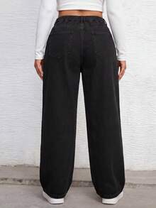 Women Plus Size High Waist Wide Leg Jeans Black Casual Denim Pants - Black - View 4