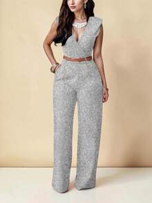 Elegant Palazzo Jumpsuit With Crossover Neckline And Adjustable Belt Included - Light Grey - View 1