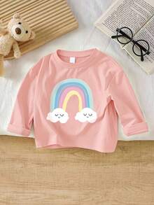 1 buah Kaos Lengan Panjang Lucu untuk Bayi Perempuan, Motif Pelangi, Kain Lembut, Gaya Kasual - Berwarna merah muda - View 2