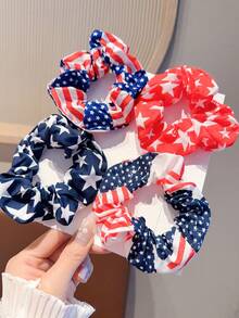 Set de 4 piezas de ligas para el cabello del Día de la Independencia, bandas elásticas con estampado de bandera estadounidense, accesorios para el cabello patrióticos en rojo, blanco y azul, adecuados para fiesta del 4 de julio, elásticos para coleta, bandas de goma - Multicolor - Ver 2