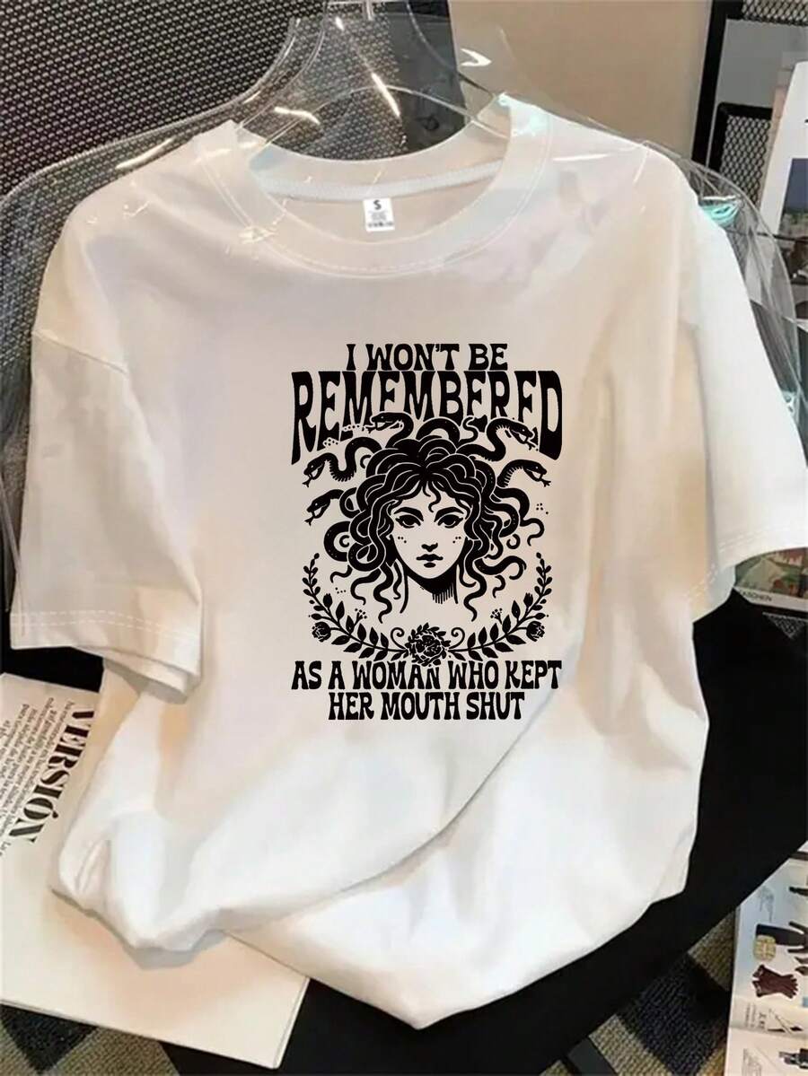 Camiseta de manga corta y cuello redondo para mujer con una serpiente y la frase "No recuerdo si es mujer". Camiseta estampada de manga corta, ideal para todas las estaciones. - Blanco - Ver 1