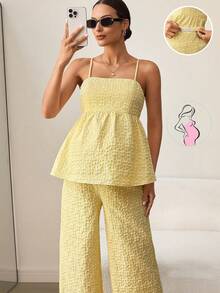 MaterniWear Set de 2 piezas de conjunto informal de camiseta de tirantes y pantalón de pierna ancha con estampado floral para maternidad - Amarillo 2 - Ver 1