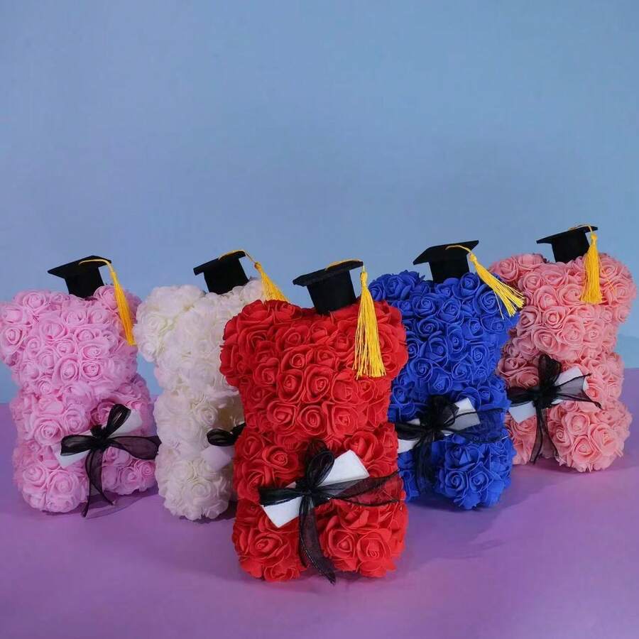 Graduation Rose Bear, Blue Artificial Flower Teddy Bear With Graduation Cap, Graduation Memorial Gift/Graduation Rose Bear/Flower Teddy Bear/Graduation Cap/Graduation Gift/Everlasting Flower - Multicolor - View 1
