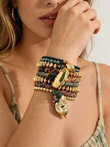 1 Peça Pulseira de Mola Multicamadas com Pingente Assimétrico de Corda Trançada com Contas de Pedra Natural Falsa, Estilo Luxo Vintage de Férias, Adequada para Uso Diário Feminino / Look Vintage / Férias na Praia - S-715 - Visão 2