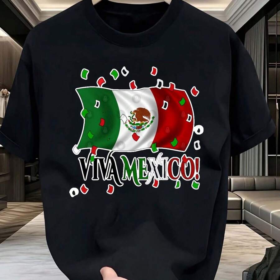 Viva Mexico! Flag Graphic T-Shirt - Vibrant And Patriotic Design For Festive Celebrations, Perfect For Fans Of Mexican Culture And Traditions! - 黑色 - 查看 1