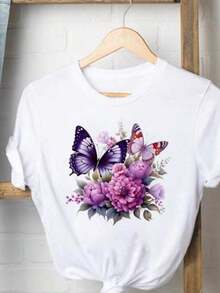 Graphic Print T-Shirts, Women's Casual Clothing, Love Letter Print T-Shirts, Cute And Popular Clothing, Fashionable Short Sleeve Crew Neck T-Shirts - 白色 2 - 查看 1