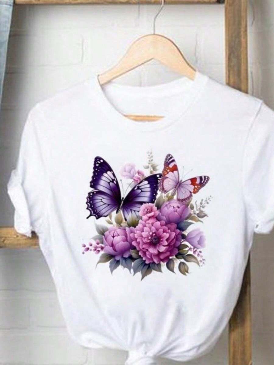 Graphic Print T-Shirts, Women's Casual Clothing, Love Letter Print T-Shirts, Cute And Popular Clothing, Fashionable Short Sleeve Crew Neck T-Shirts - 白色 2 - 查看 1